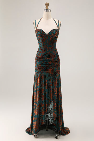 Dark Green Spaghetti Straps Burnout Velvet Corset Ruched Bridesmaid Dress